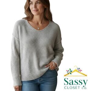 LOFT Brown White Heather V Neck Long Sleeve Relaxed Fit Sweater M EUC